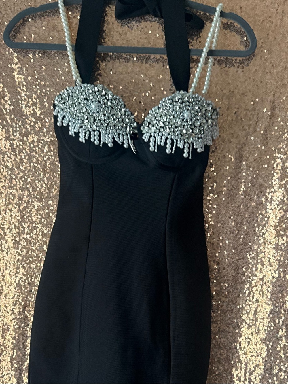 Black Strapless Evening Dress with Crystal Pearl-Embellished Bust